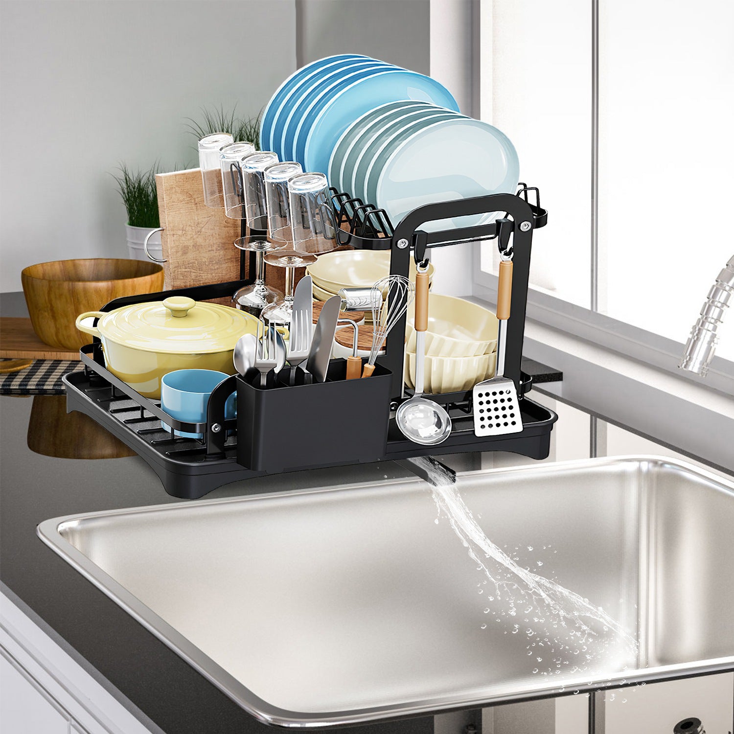 2-Tier Dish Drying Rack with Drainboard & Utensil Holder
