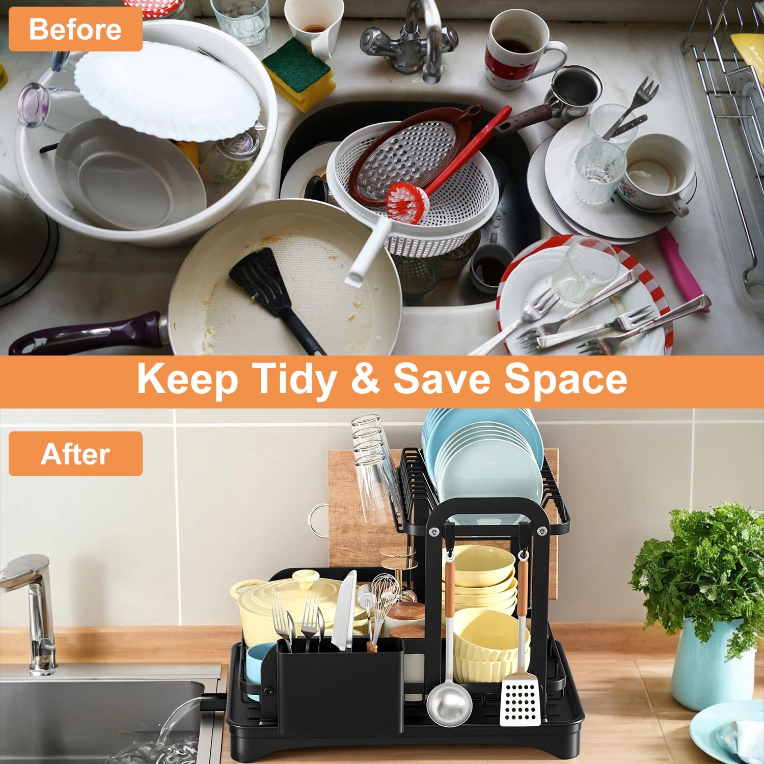 2-Tier Dish Drying Rack with Drainboard & Utensil Holder