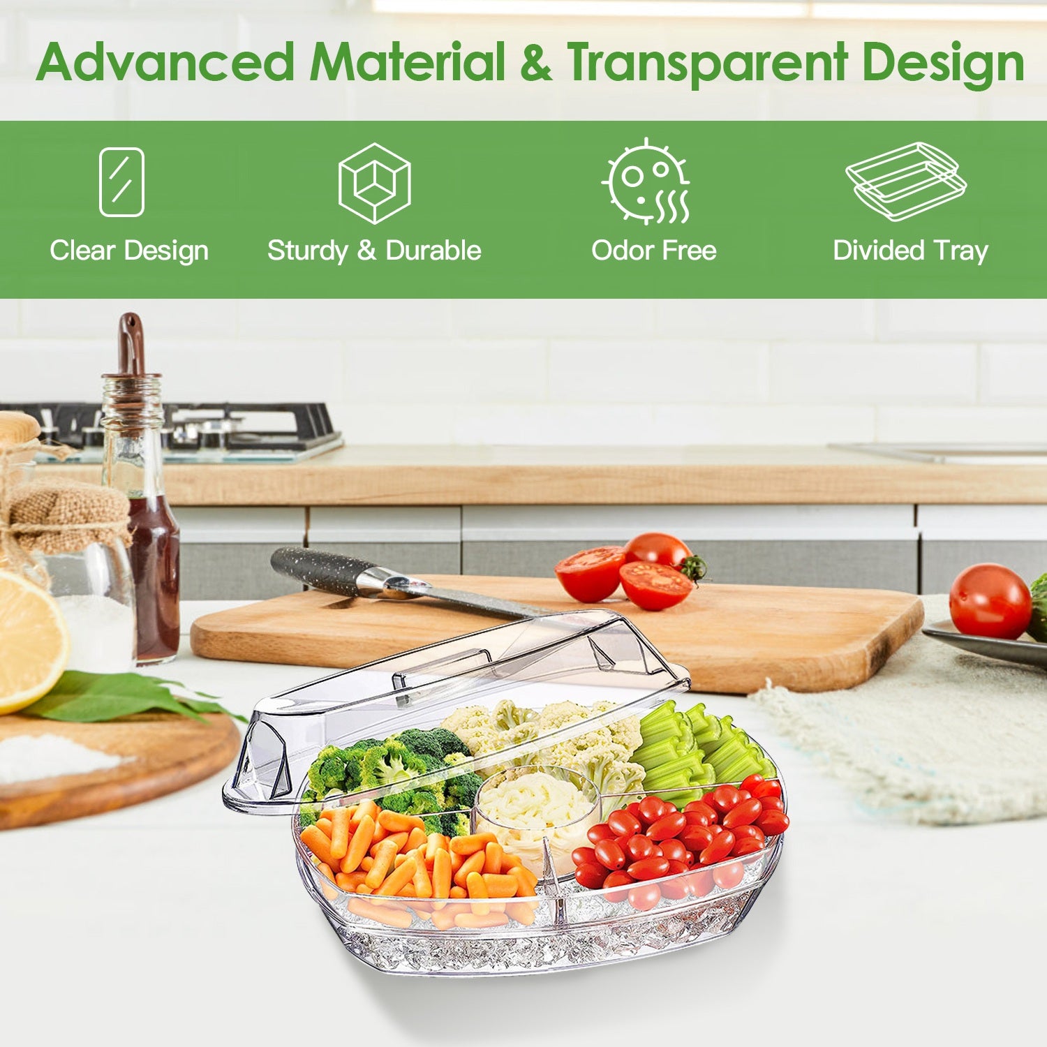 Chilled Fruit & Shrimp Serving Tray with Lid 4 Sections