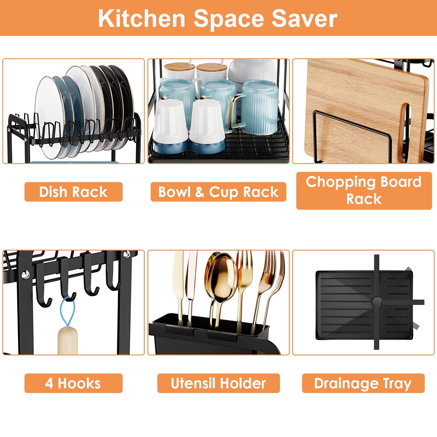 2-Tier Dish Drying Rack with Drainboard & Utensil Holder